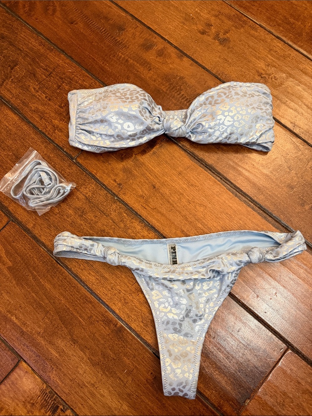 Pinko Light Blue Metallic Leopard Bandeau Bikini